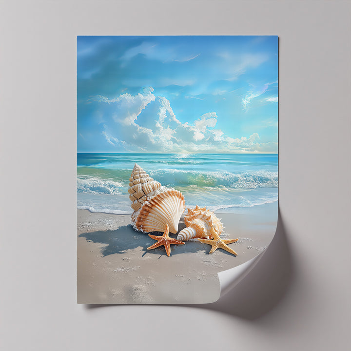 Starfish and shells bask under a blue sky in this detailed photo canvas.

