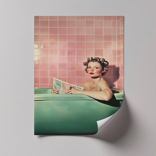 Add mid-century charm to your space with this unique bathroom canvas art, featuring a stylish woman reading in a pastel tub surrounded by pink tile.

