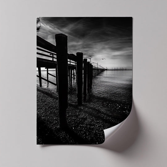 High-quality canvas painting is apparent in this black and white canvas print, showcasing the fine texture and sturdy build of the 'Midnight Pier' canvas art.