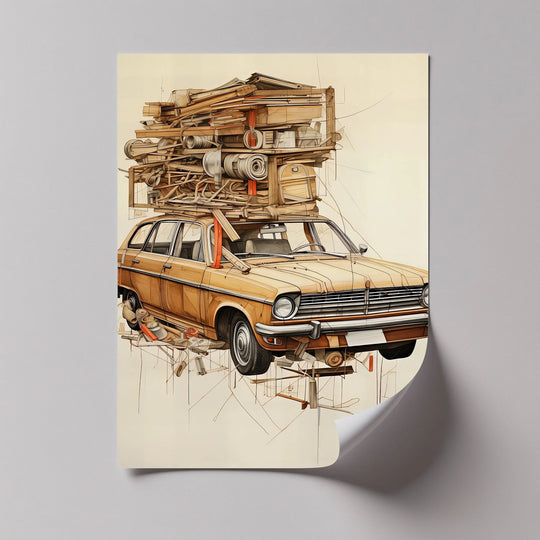 The organic forms of the car and its wooden cargo create a whimsical composition in this overloaded journey, reminiscent of unique canvas pictures.