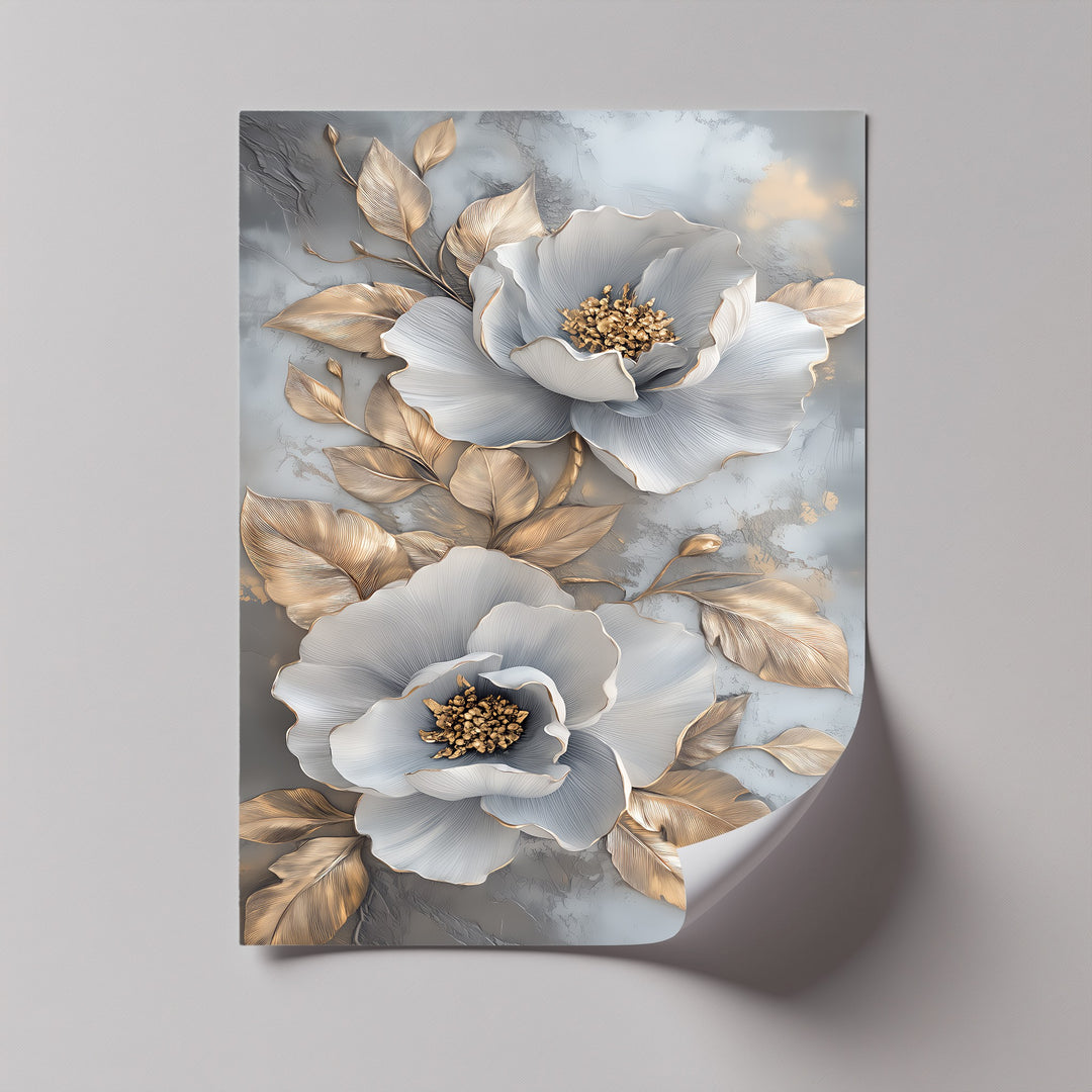 Sculpted Floral Beauty – gray and gold embossed canvas flower art.

