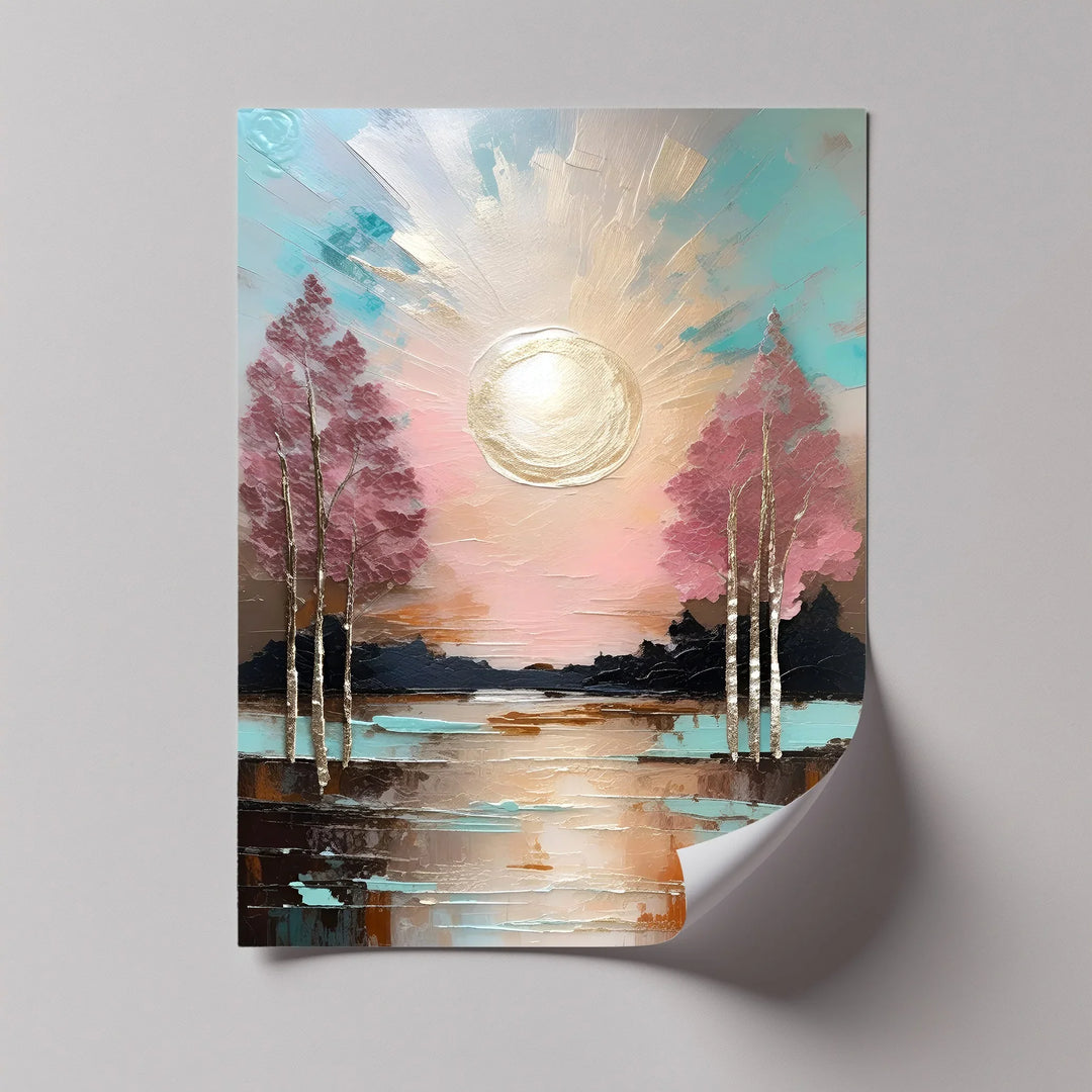 Pink trees and golden sun textured canvas print


