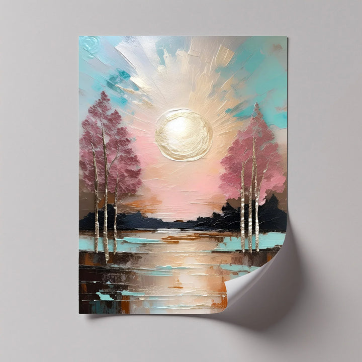 Pink trees and golden sun textured canvas print

