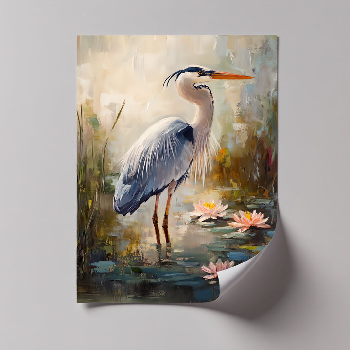 Graceful Heron Among Lilies – Serene Wildlife Canvas Print