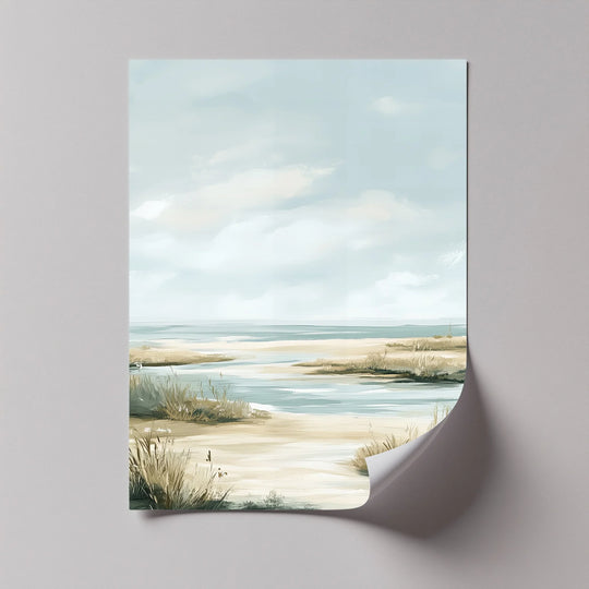 The darkest area highlights the serene coastal dunes in this landscape canvas artwork, emphasizing the painting's calm portrayal of shoreline grasses and tranquil sky.