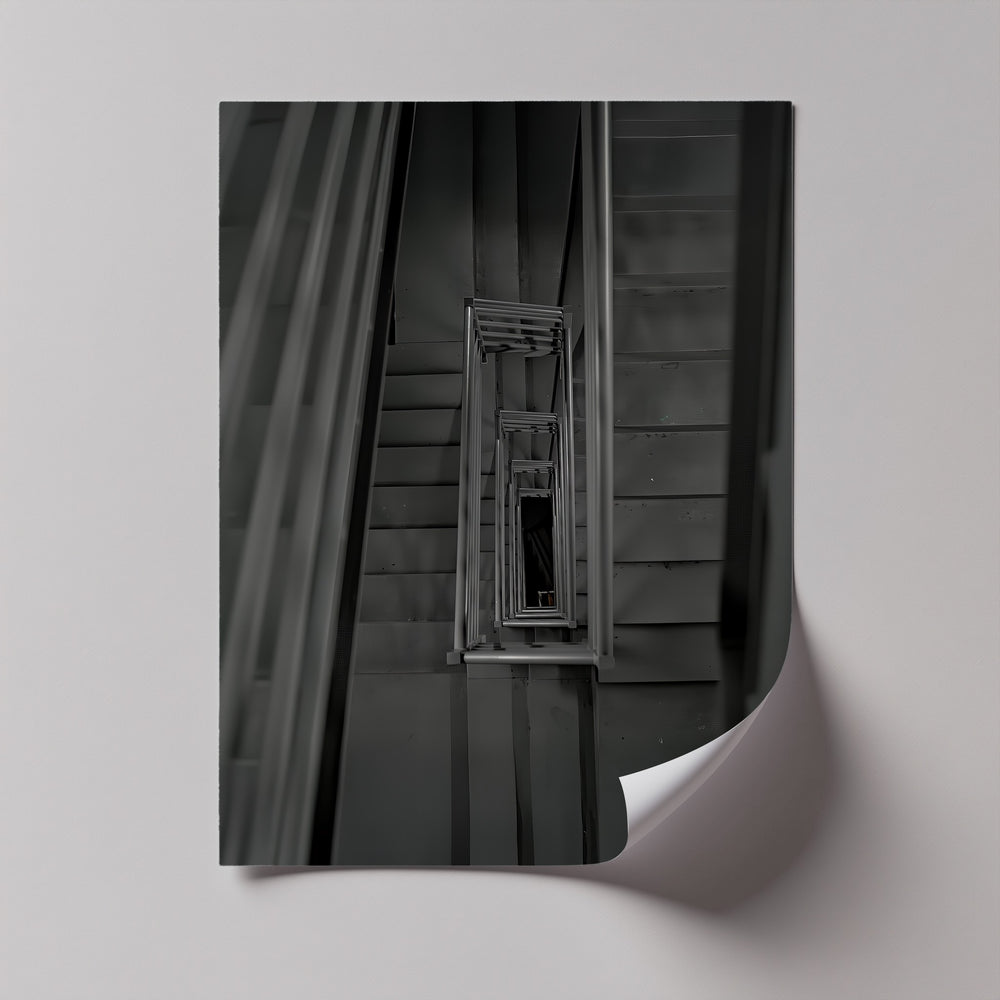 This eye-catching canvas print captures infinite stairwell geometry in minimalist monochrome.

