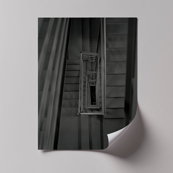 This eye-catching canvas print captures infinite stairwell geometry in minimalist monochrome.

