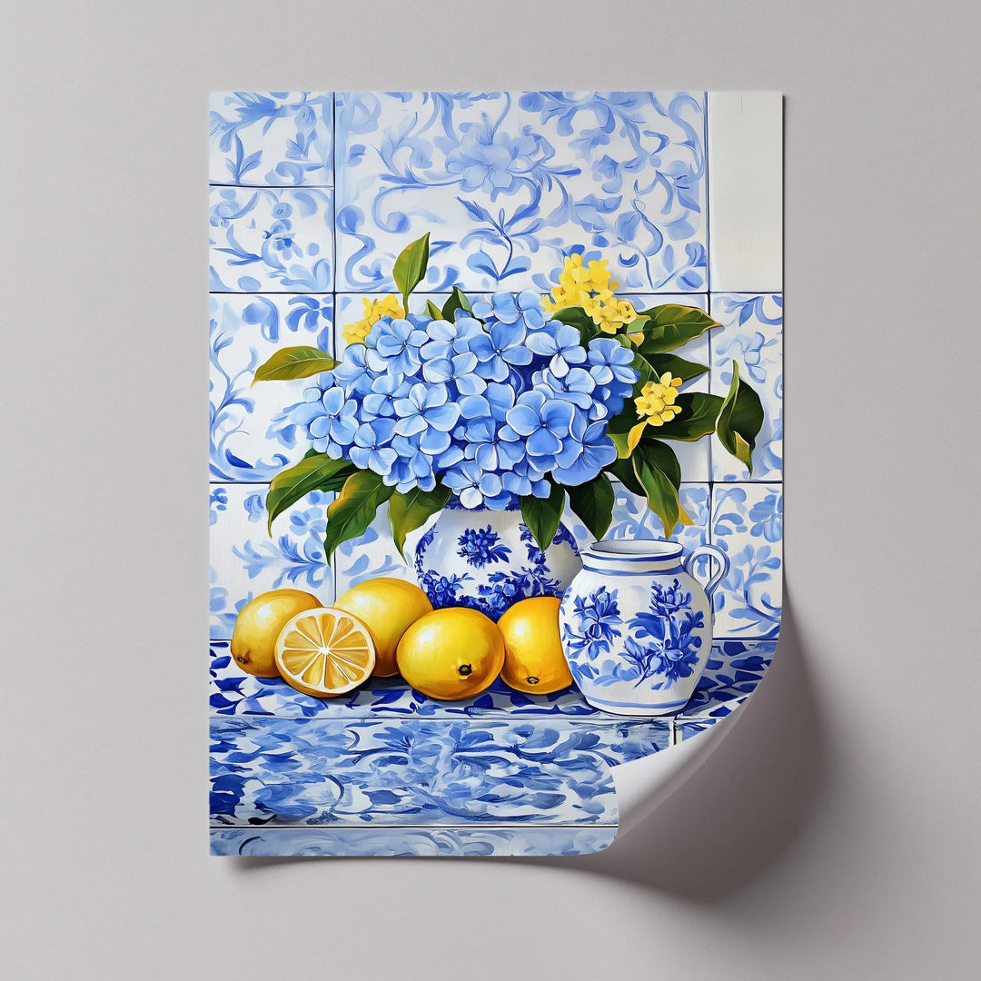 Lemon & Hydrangea Harmony – Blue Tile Floral Kitchen Canvas Print - MyPhotoStation
