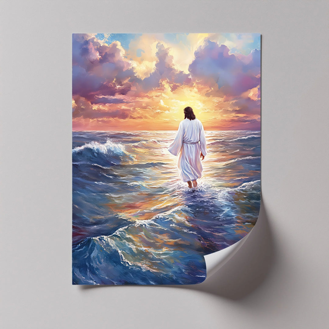 Feel the miracle unfold in this breathtaking photo canvas, where Jesus walks in light and serenity.

