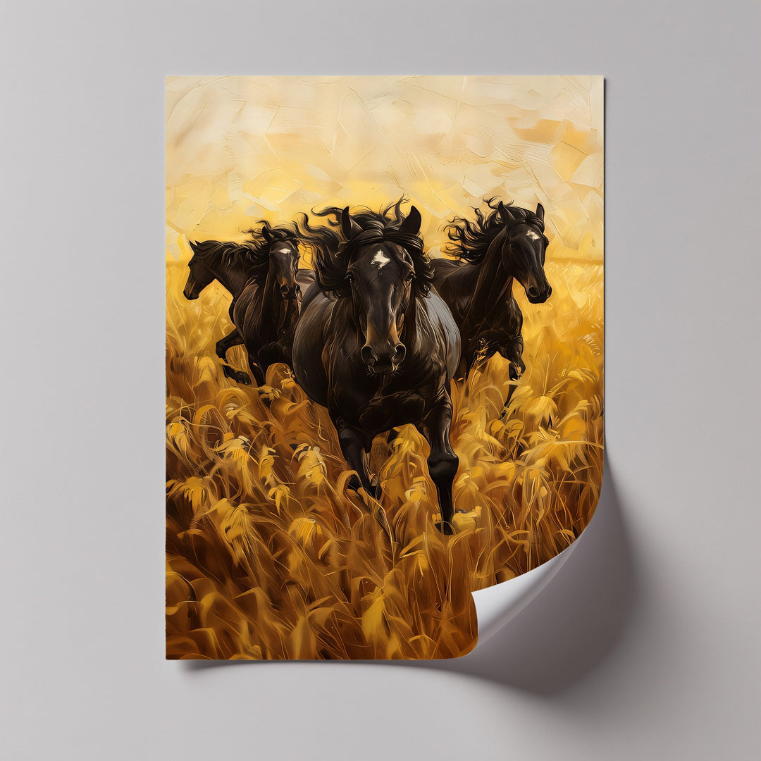 Black Horses Running Through a Wheat Field - Horse Canvas Print