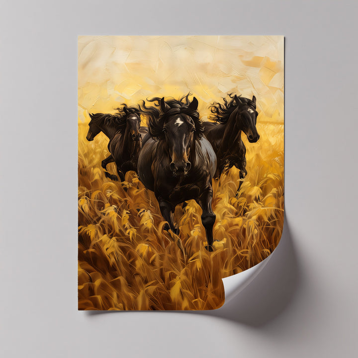 Black Horses Running Through a Wheat Field - Horse Canvas Print