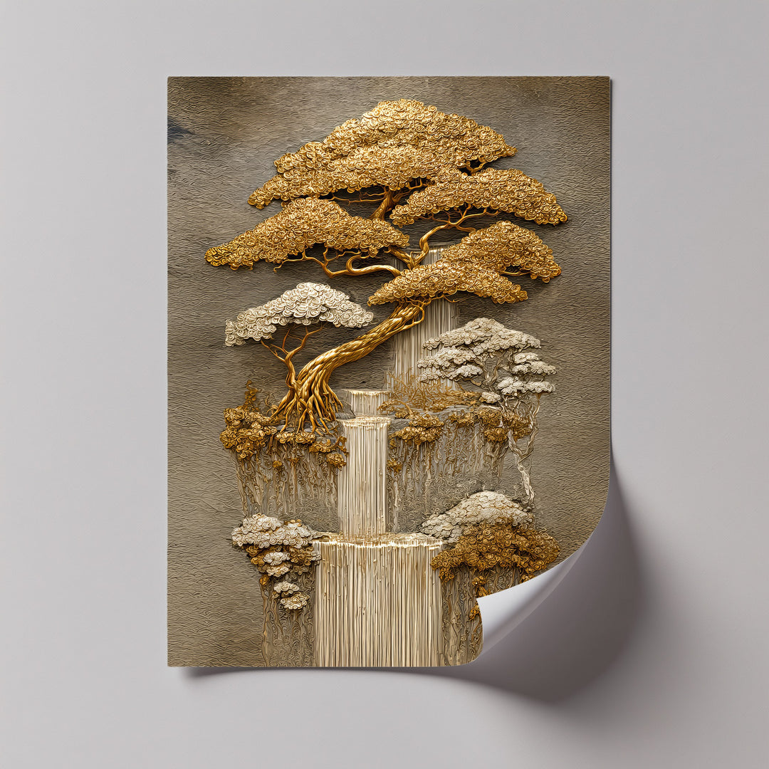 Golden Harmony – Layered Bonsai Trees and Waterfall Canvas Print