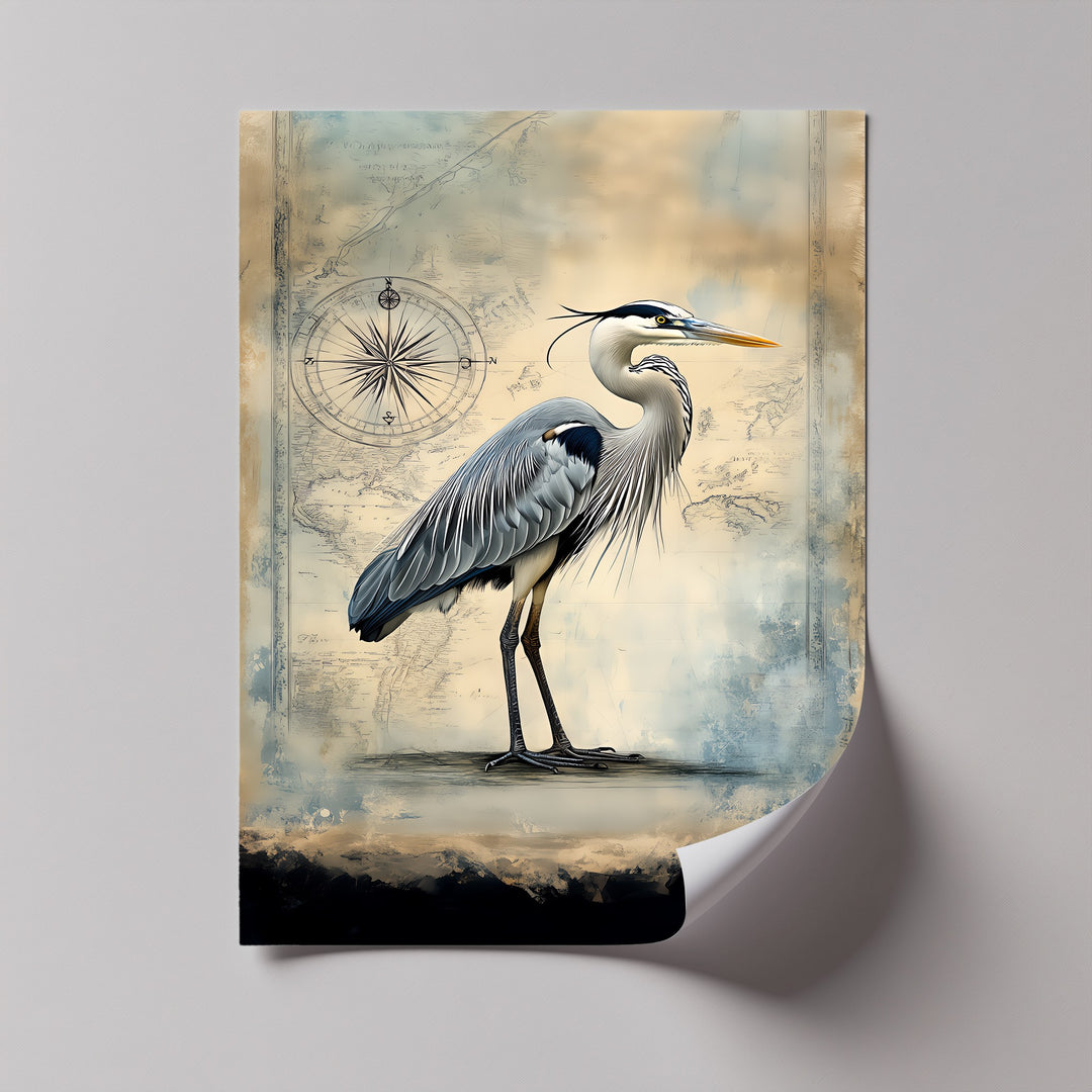 Navigational Heron – Vintage Map Inspired Bird Canvas Print