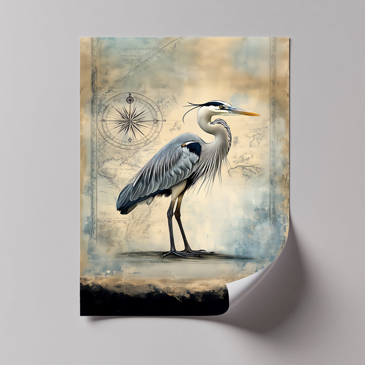 Navigational Heron – Vintage Map Inspired Bird Canvas Print