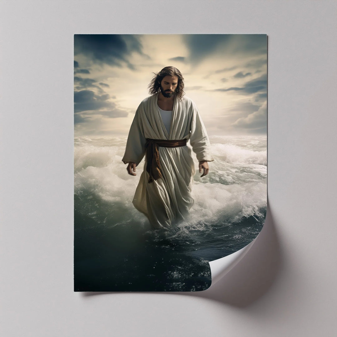 Christ treads upon stormy seas in this majestic photo canvas, reminding us of unwavering belief.

