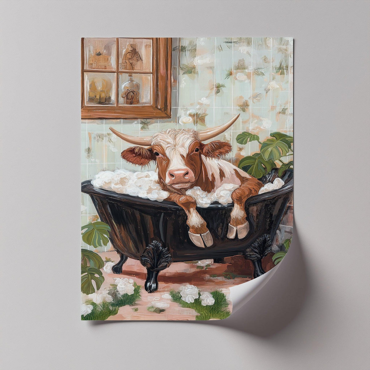 The darkest area highlights the antique clawfoot tub in this farmhouse whimsy canvas art prints featuring a cow enjoying a bubble bath surrounded by monstera leaves.