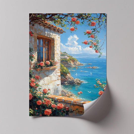 Vertical unique canvas print shows a charming seaside Mediterranean coast window scene framed by vibrant roses.