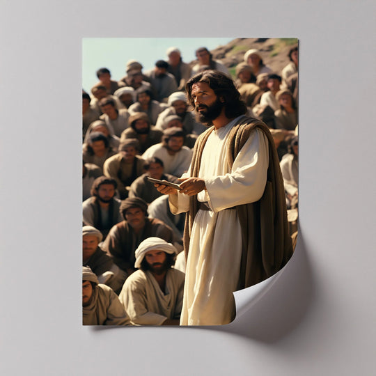 The focal point is on Jesus as depicted in canvas art prints of him preaching to the multitude in a reverent and detailed portrayal.