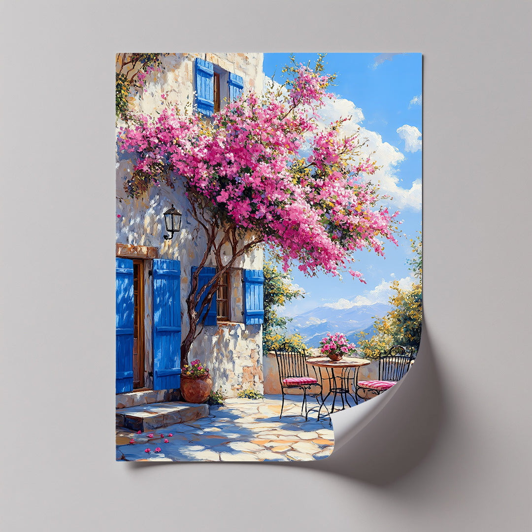 Bougainvillea Breeze – Pink Blossoms and Blue Shutters Canvas Print