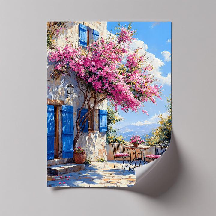 Bougainvillea Breeze – Pink Blossoms and Blue Shutters Canvas Print