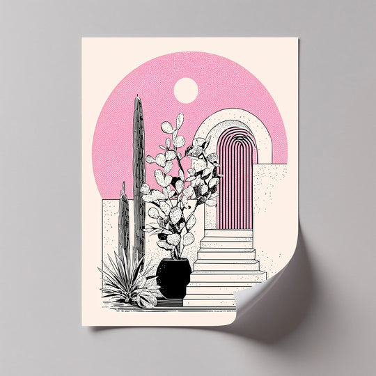 Modern Desert Archway Illustration – Black & Pink Canvas Print - MyPhotoStation
