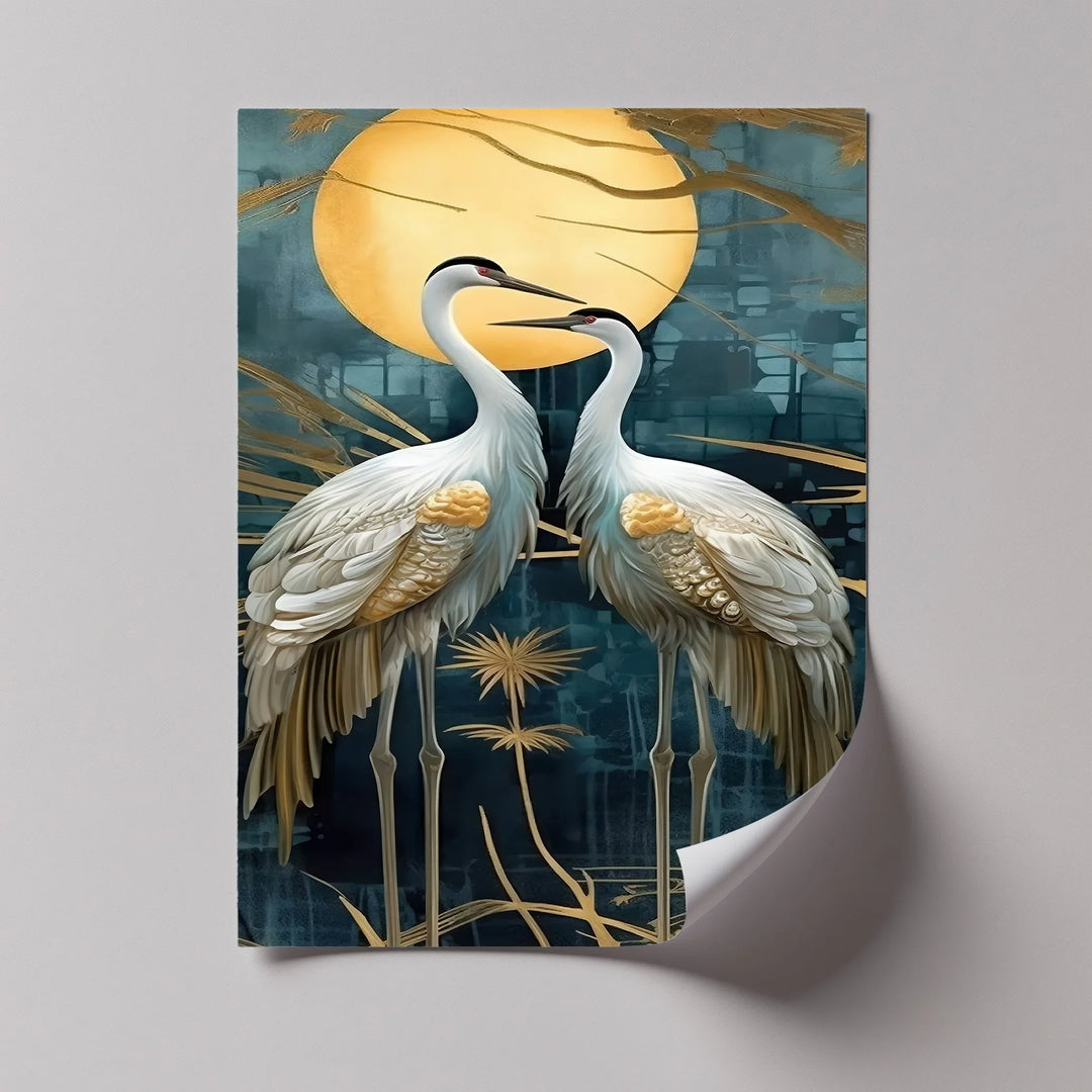 Moonlit Elegance – Golden Cranes Under Full Moon Canvas Print - MyPhotoStation