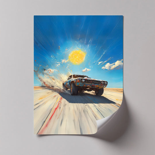 Sunlight and shadow play across the big canvas prints of a muscle car racing through the desert, creating a dynamic contrast in this canvas print.