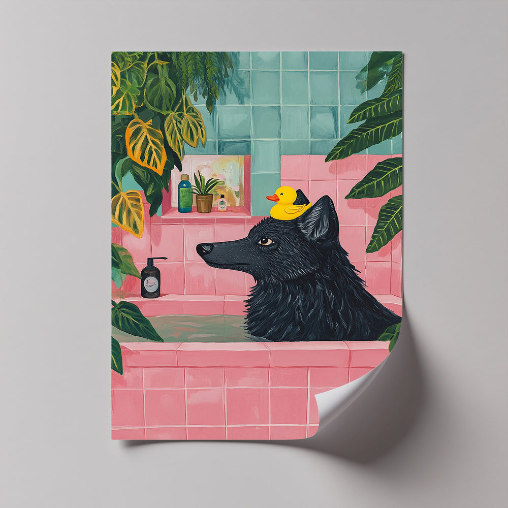 Designed to surprise and delight, this colorful canvas features a serene black wolf with a rubber duck, blending jungle vibes with unexpected bathroom humor.


