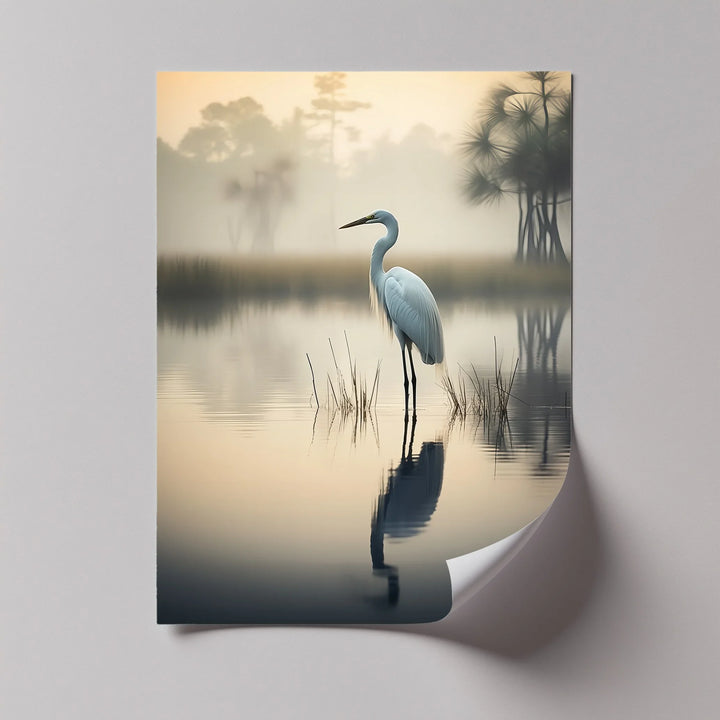 Misty Morning Heron – Serene Lakeside Reflection Canvas Print - MyPhotoStation