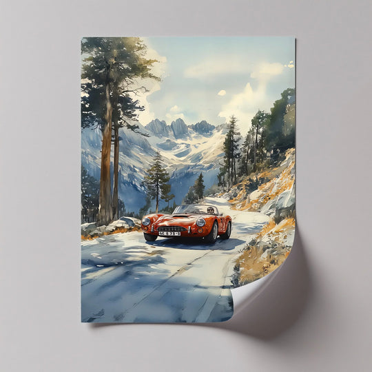Crimson Speed – Classic Red Sports Car in Mountain Pass Canvas Print - MyPhotoStation