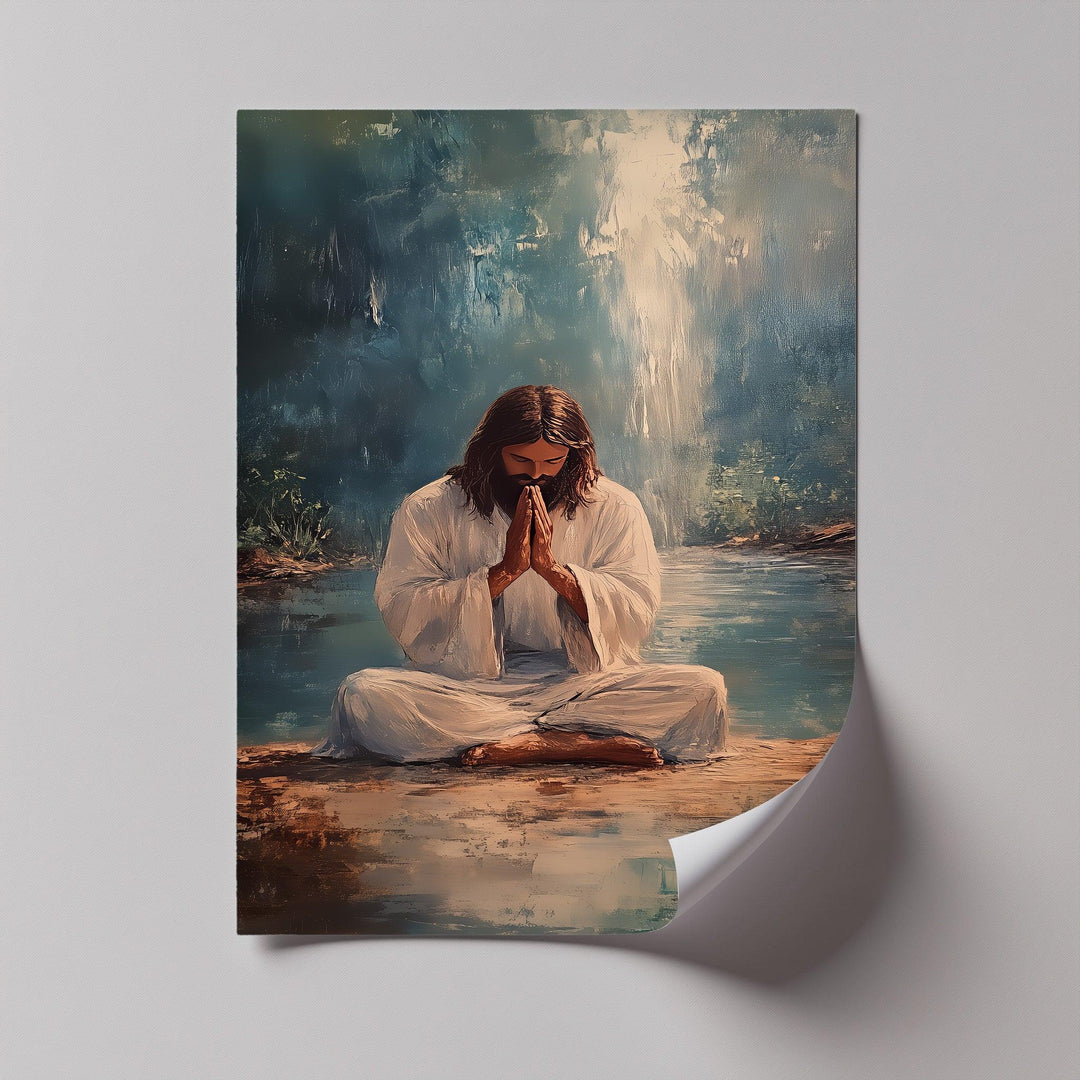 A moment of silent strength radiates from this soulful photo canvas, where Jesus connects with heaven.

