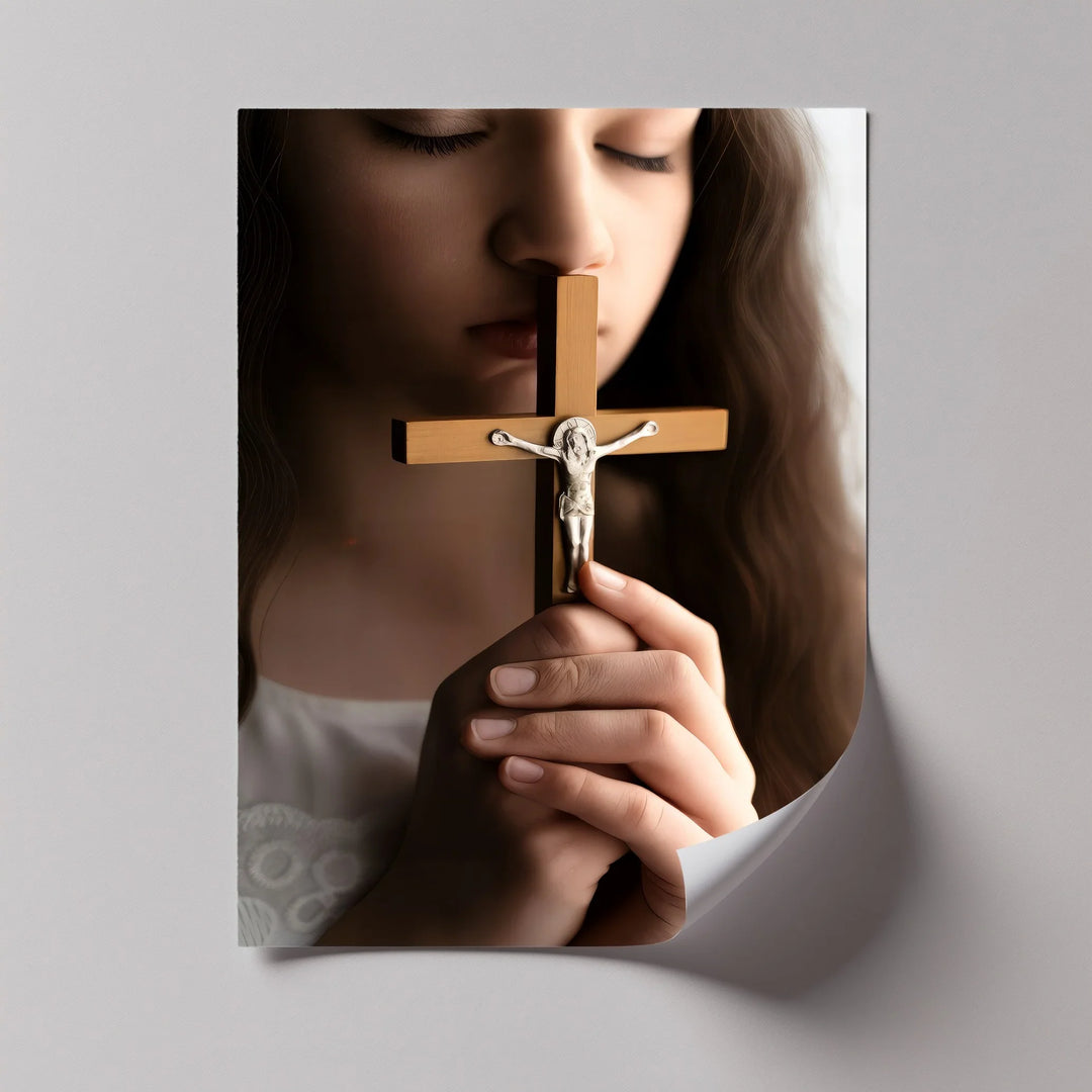 Faithful Prayer – Girl Holding Crucifix Close-Up Canvas Print