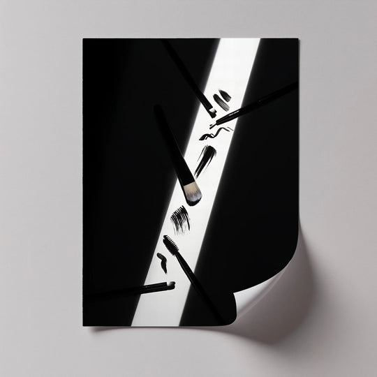 Cool color temperature highlights the monochrome makeup brushes in this premium canvas decor print, emphasizing strokes of light and shadow.