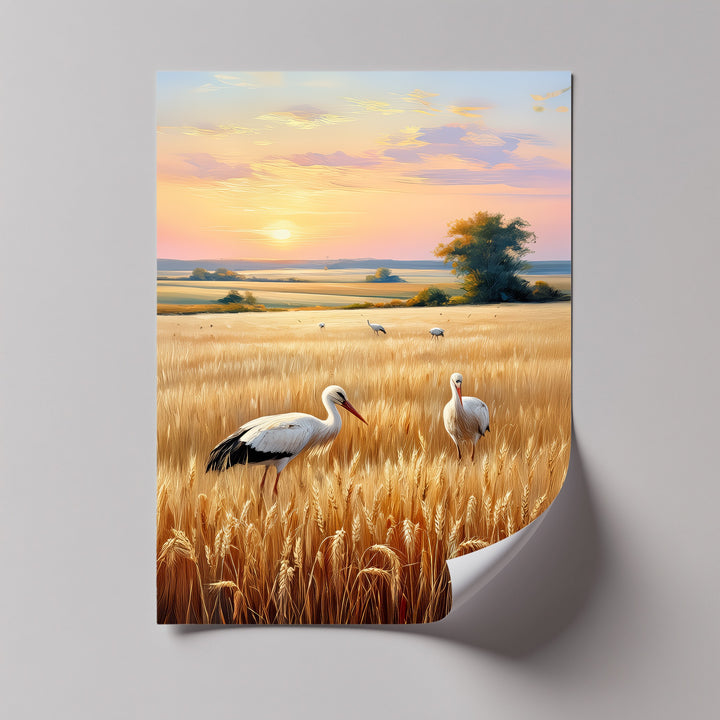 Golden Fields at Dusk – Stork Landscape Canvas Print