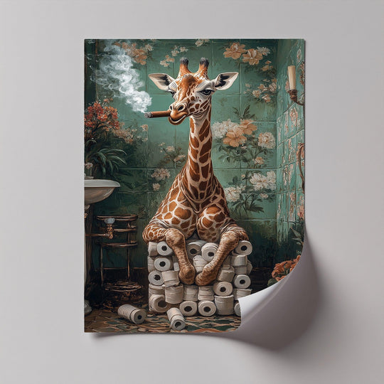 This bold giraffe canvas print is the ultimate conversation starter, blending jungle vibes and bathroom humor into a high-quality modern canvas print for eclectic homes.

