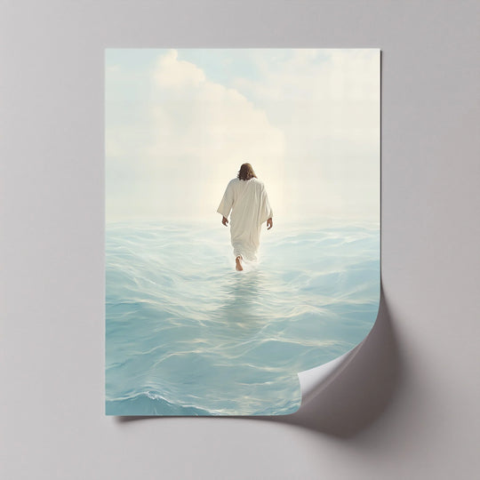 Abundant negative space surrounds a figure in this high quality canvas prints depiction of Jesus walking on water, emphasizing spiritual solace and tranquility.