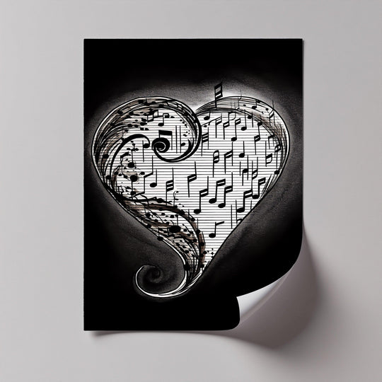 Vertical canvas painting features a heart shape filled with musical notes in a black and white design, creating artistic canvas prints.