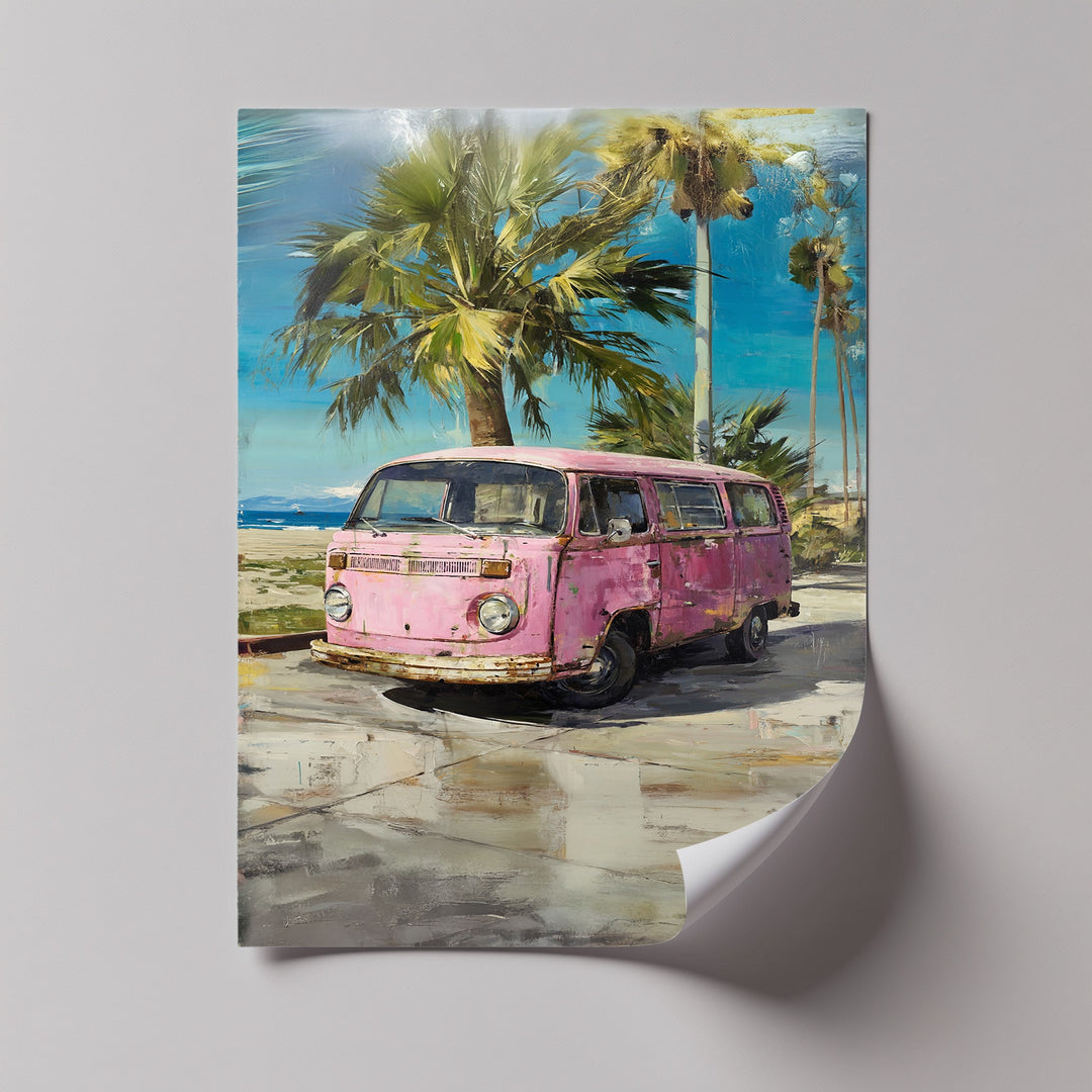 Pink Paradise Ride – Vintage Van by the Beach Canvas Print