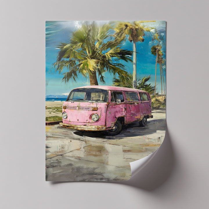 Pink Paradise Ride – Vintage Van by the Beach Canvas Print