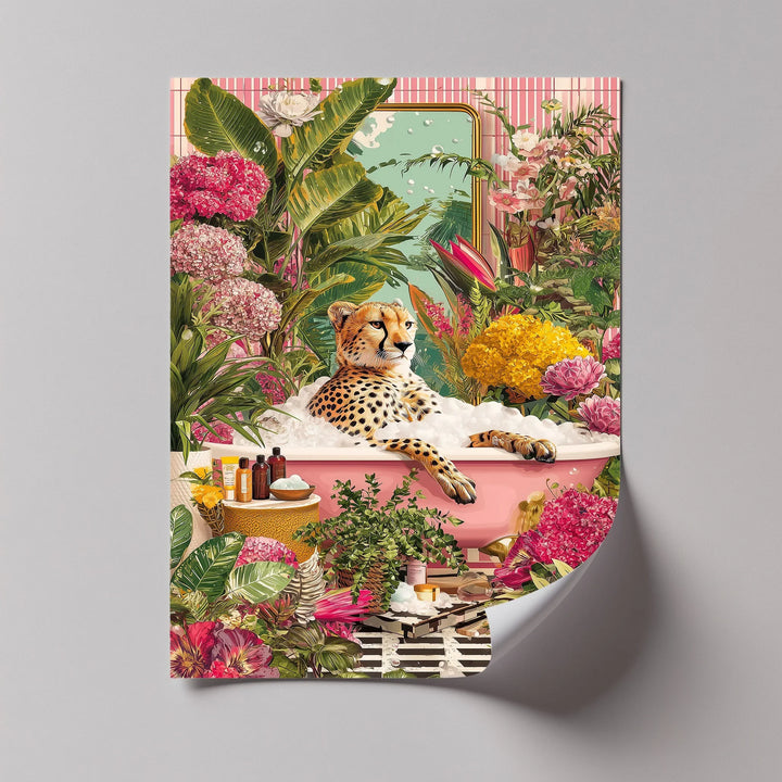 Cheetah in Pink Bathtub – Whimsical Jungle-Inspired Canvas Print - MyPhotoStation