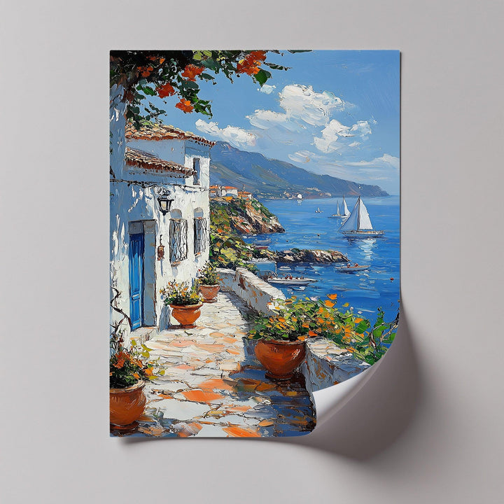 Mediterranean Stroll – Seaside Village Path with Blue Door Canvas Print - MyPhotoStation