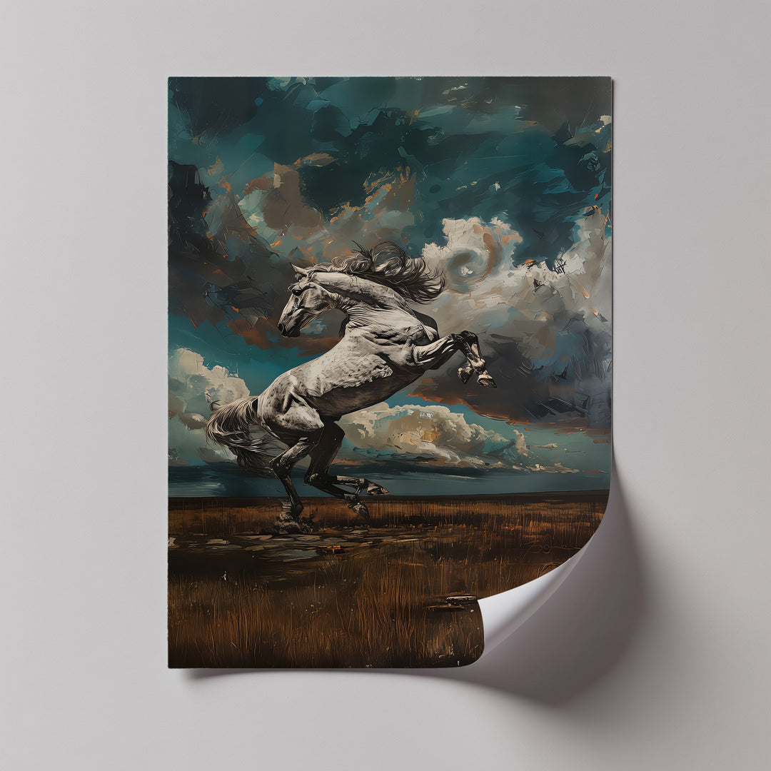 White Stallion Rearing Under a Turbulent Sky - Horse Canvas Print