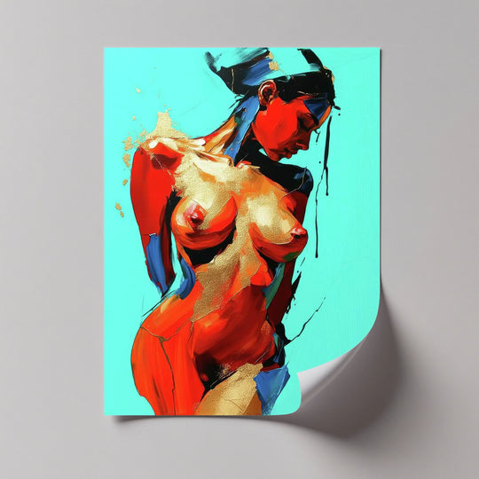 Light and shadow interplay dramatically on the crimson glow abstract female figure, accentuating the bold strokes of color and gold highlights in this striking canvas wall art.