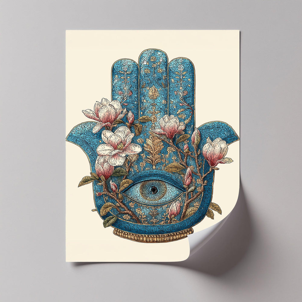 Sacred Hamsa Bloom – Blue Floral Hand with Eye Canvas Print - MyPhotoStation