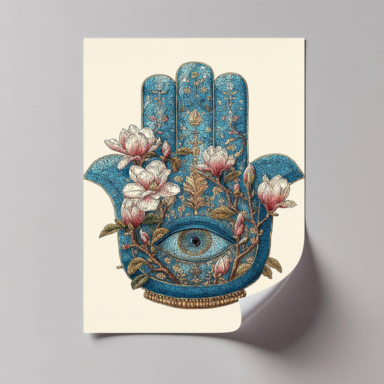 Superior canvas wall art ensures the intricate details of the 'Sacred Hamsa Bloom' blue floral hand with eye print remain vivid and striking.