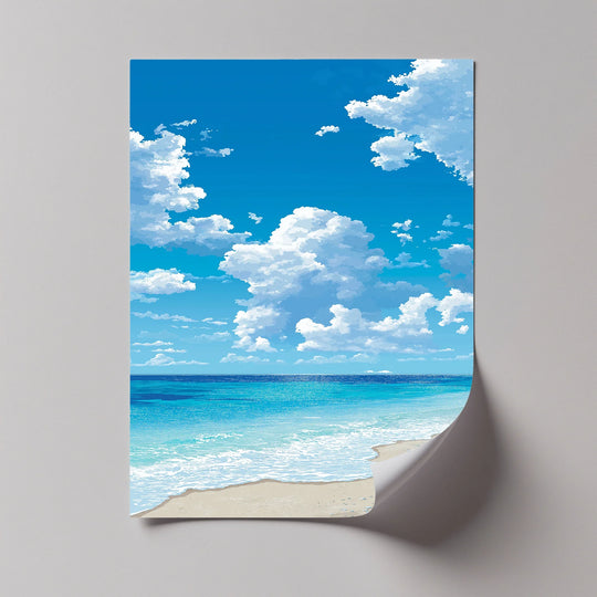 Illustrating depth and layers, this coastal serenity big canvas prints showcases a tranquil ocean horizon and fluffy clouds for a serene art piece.