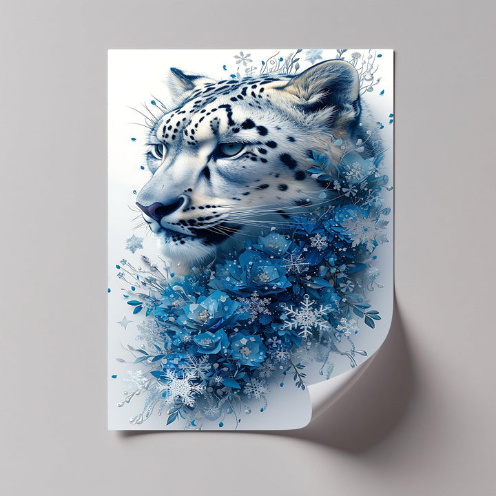 Snow Leopard in Blue Florals – Majestic Winter Wildlife Blue Canvas Prints - MyPhotoStation