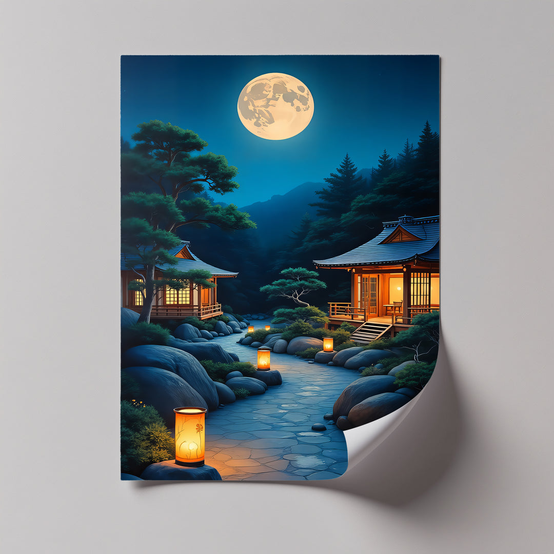 Moonlit Serenity – Japanese Zen Temple Canvas Wall Art | Framed Art
