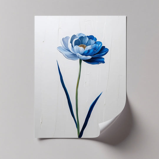 Foreground detail focuses on the elegant blue petals of the flower in this blue canvas print, perfect as a hanging canvas for minimalist spaces.