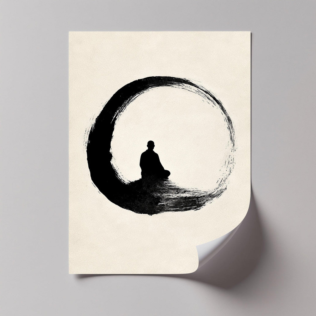 Zen Circle with Meditating Figure – Minimalist Japanese Ink Canvas Print - MyPhotoStation